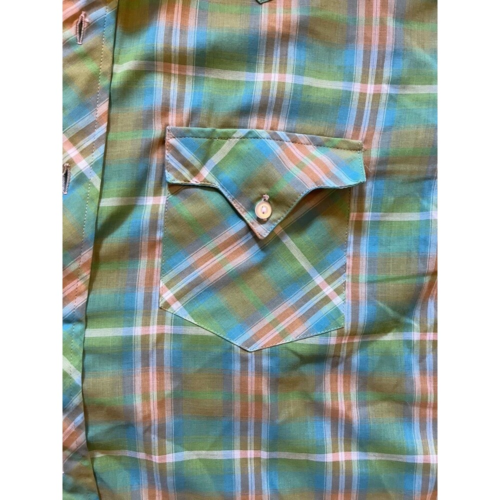 Vintage Men’s Team Tex Western Cut Short Sleeve Button Shirt XL Slim Green Plaid - Picture 8 of 9